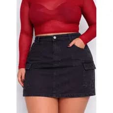 Saia Cargo Jeans Curta Plus Size Cintura Alta com Bolsos Funcionais 46 ao 52 Moderna