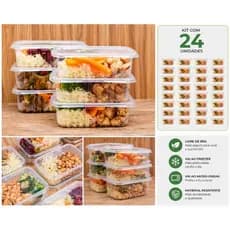 24 Marmitas Descartáveis Retangular 500ml com Tampa Fitness Freezer Micro-ondas Refeição