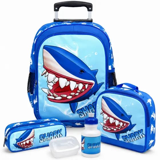 Kit Mochila Infantil Rodinhas Tubarão Shark Menino Lancheira Estojo Garrafa Pote