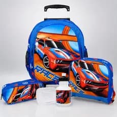 Kit Mochila Escolar Infantil De Rodinhas Carro Corrida Race Lancheira Estojo Garrafa E Pote