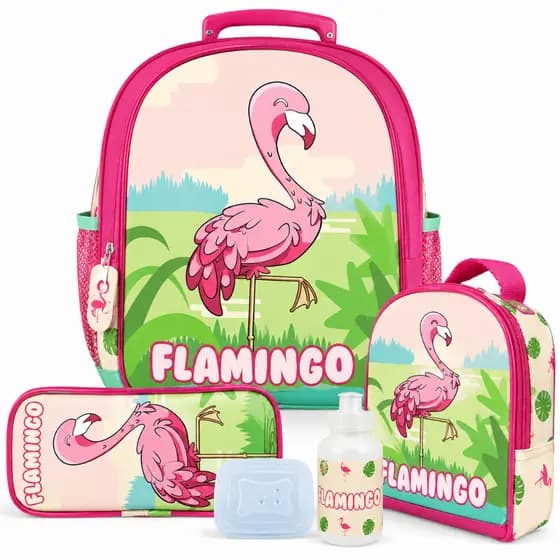 Kit Mochila Flamingo Infantil M de Rodinhas Lancheira e Estojo