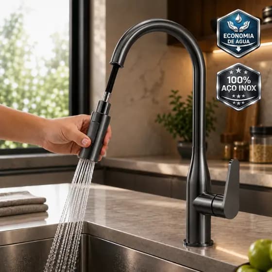Torneira para Pia de Cozinha Gourmet Extensível Torneira Monocomando Quente e Fria Bancada Aço Inox