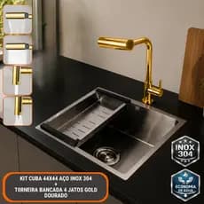 Cuba de Pia de Cozinha Gourmet 44x44cm Kit Cuba de Inox com Torneira para Pia Cozinha Dourado Gold