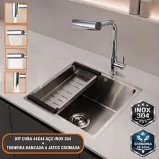 Pia de Cozinha Cuba Gourmet 44x44cm Inox Kit Cuba Pia de Cozinha Torneira Bancada Gourmet 4 Jatos