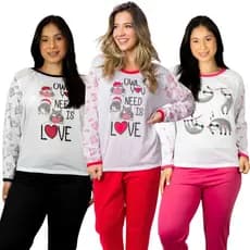 Pijama Feminino Dool Longo Baby Doll Estampado Longo Adulto Inverno Frio Calça Blusa Moda