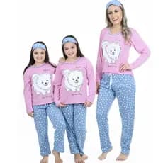 Kit 3 Pijamas Longo Estampado Infantil e Adulto Mãe e Filha Malha PV Premium  Confortável Feminino