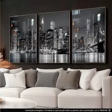 Quadros Decorativos Trio Cidade Nova York Preto e Branco Sala 3 Peças 122x60
