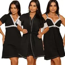 Kit 2 Camisola Maternidade Amamentação e Robe Pós Parto Gestante de Algodão