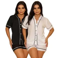 Kit Com 2 Pijamas Americanos Feminino Malha Fria Com Botões Verão