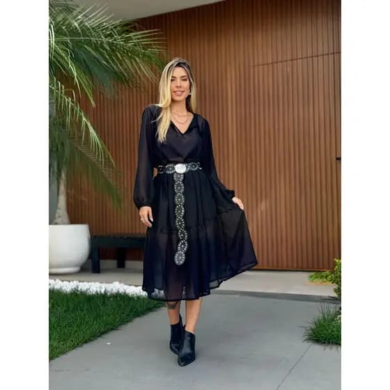 VESTIDO MIDI BOHO CHIC MANGA LONGA OUTONO INVERNO 2025 PRIMAVERA/VERÃO