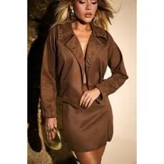 Conjunto Feminino Em Suede Premium Com Aplicações Jaqueta E Saia Look Outono Inverno Tendência 2026