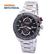 Relógio de Pulso Masculino Curren 8148 Prata Preto Sport Pulseira Prateada Aço Inoxidável