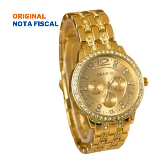 Relógio Feminino Fashion Luxuoso Geneva Dourado com Cristais Brilhantes Grande Pulseira de Metal