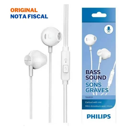Fone de Ouvido Philips TAUE101 Branco Earbud com Microfone Grave Potente Som Nítido Leve Confortável