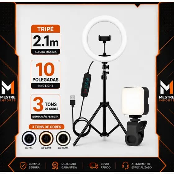 Ring Light Iluminador Anel Luz 26cm 10 Polegadas Tripé 2,1m + Ring light celular quadrada Profissional