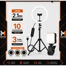 Ring Light Iluminador Anel Luz 26cm 10 Polegadas Tripé 2,1m + Ring light celular quadrada Profissional