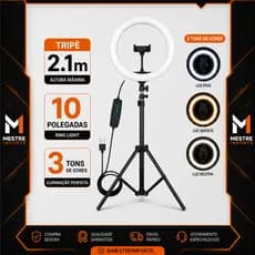 Iluminador Led Ring Light 10 Polegadas 110/220 Com Dimmer E Tripé Kit Completo Para Vídeo Foto Youtube Live Tikok e Kwai