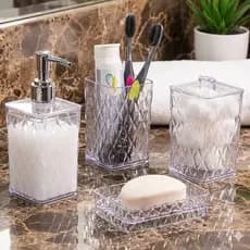 Kit de Banheiro 4 Itens Glamour Incolor Decoração Lavabo Suportes e Dispenser
