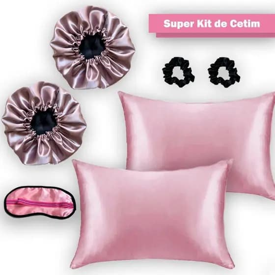 kit Em cetim , 2  toucas dupla face + 2  fronhas + 2  xuxinhas + 1  máscara para dormir