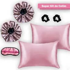 kit Em cetim , 2  toucas dupla face + 2  fronhas + 2  xuxinhas + 1  máscara para dormir
