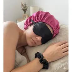 Kit de Touca de Cetim dupla face com regulador de elástico , Mascara de dormir e Xuxinha de Cetim Antifrizz