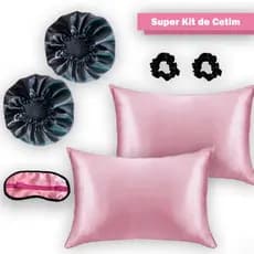 super kit em cetim com touca dupla face com regulador ,2 fronhas , 2 xuxinhas , 2 scrunchies e máscara para dormir .