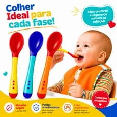 Kit 3 Colher Silicone Termossensível Bebê Muda Cor Temperatura