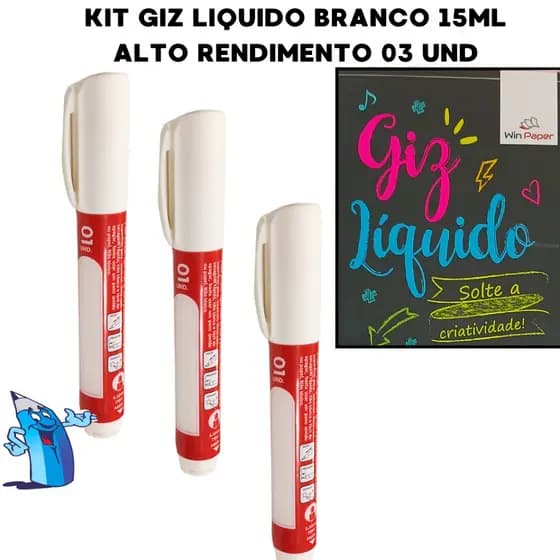 KIT 3 GIZ LIQUIDO BRANCO 15ML AUTO RENDIMENTO PONTA REDONDA 6,5MM