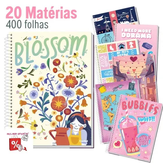 CADERNO 20 MATERIAS FEMININO 400 FOLHAS MATERIAL ESCOLAR VOLTA ÀS AULAS
