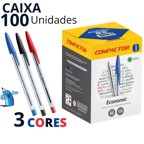 CANETA COMPACTOR CAIXA 100 UNIDADES BICO MEDIO 1.0 ECONOMIC