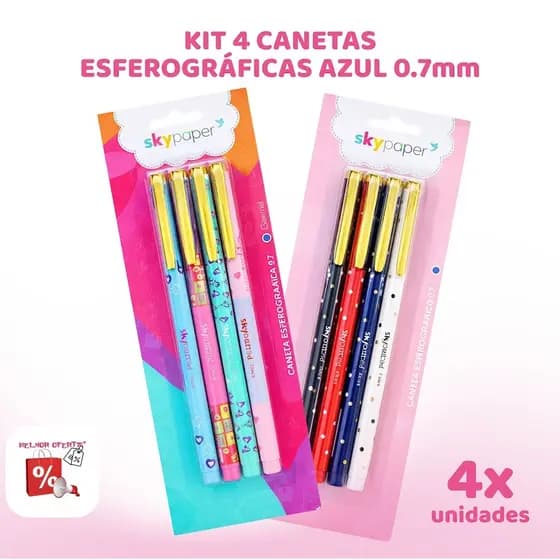 KIT 4 CANETAS ESFEROGRÁFICAS AZUL 0.7MM FOFA POÁ LOVE SKYPAPER
