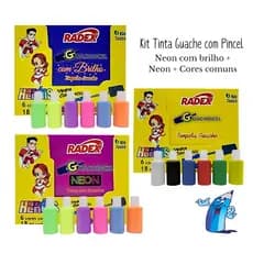 KIT TINTA GUACHE COM PINCEL 6 NEON 6 GLITTER 6 BASICAS 18ML CADA RADEX
