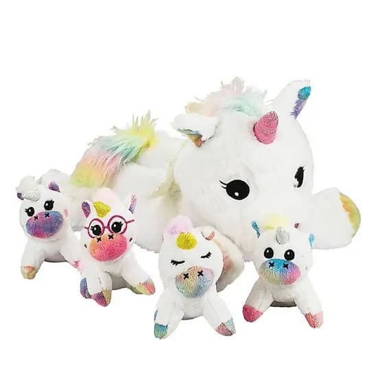 Pelúcia Família Unicórnio Mãe 34cm + 4 Filhotes Removíveis de 10cm Presente Especial - XT9336-F