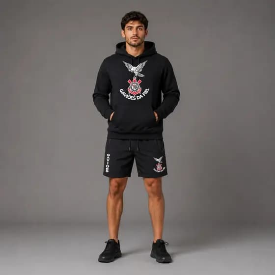 Kit Moletom e Bermuda Tactel Masculina Gaviões da Fiel Adulto Conjunto Corinthians Bermuda e Blusa