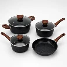 Conjunto De Panelas Antiaderente 4 Peças Com Tampa Vidro Cabo Madeira Kit Cozinha