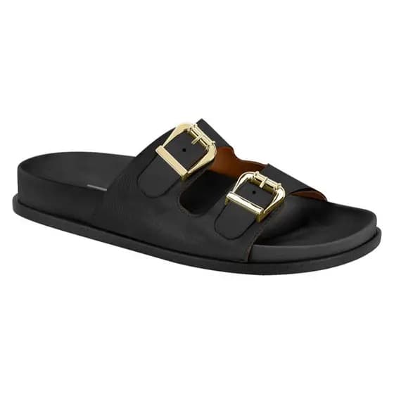 Vizzano Papete Birken Feminina Fivelas e Tiras Grandes Confortável Rasteirinha Preto Mocca Branco Off