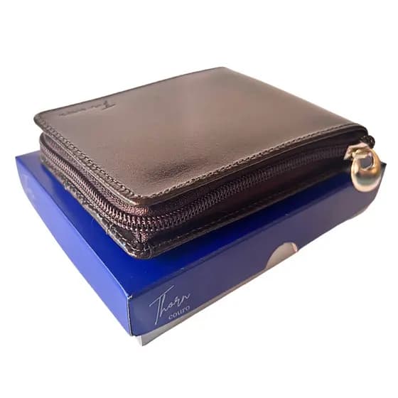 Carteira de couro masculina com ziper organiza documento slim moderna presente pai namorado natal