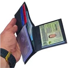 Porta documento cartão notas cnh rg de couro preta slim pequena minimalista fina combina carro pai