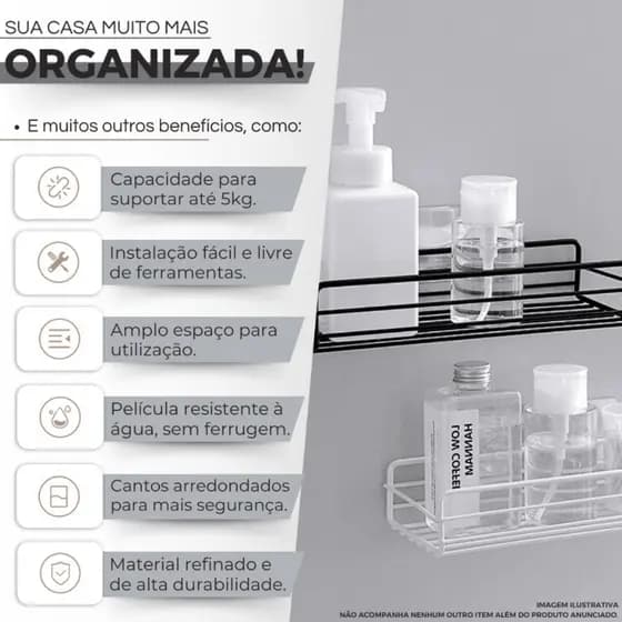 Prateleira de banheiro RETANGULAR, Porta shampoo, Porta tempero, suporte adesivo para parede, para cozinha e banheiro