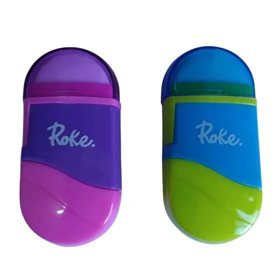 Kit 2 Apontadores Roke Com Borracha E Depósito Escolar Colorido
