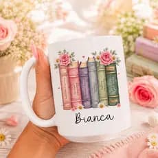 Caneca Personalizada Livros Florais com Nome 325ml | Presente para Leitora | Cerâmica Premium