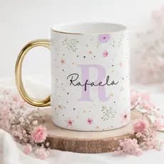 Caneca Personalizada Premium Floral 325ml - Nome Letra e Frase Presente Criativo Feminino Luxo