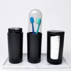 Kit Banheiro Coza Preto 4 Peças Porta Escova Dispenser Porta Algodão Bandeja
