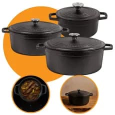 Kit 3 Caçarolas 16cm 18cm 20cm de Ferro Fundido Fogão Indução Gás Ensopados Carne Arroz Com Tampa