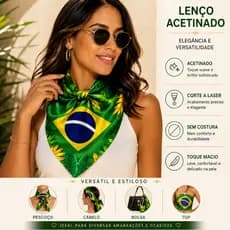 Lenço Feminino  90x90 Verde e Amarelo Cetim Bandana Estampado Brasil Tropical Copa 2026