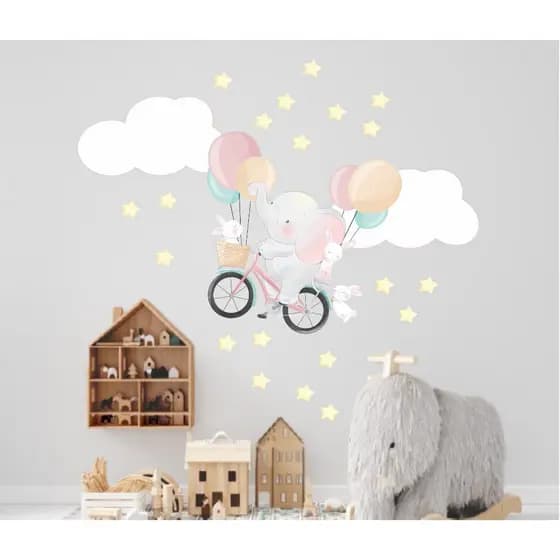 Adesivo de Parede Infantil Elefantinho Bebê na Bicicleta Elefante Papel de Parede Auto Colante