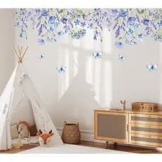 Adesivo de Parede Folhagens e Flores Azuis Boho Papel de Parede Auto Colante Decalque Floral