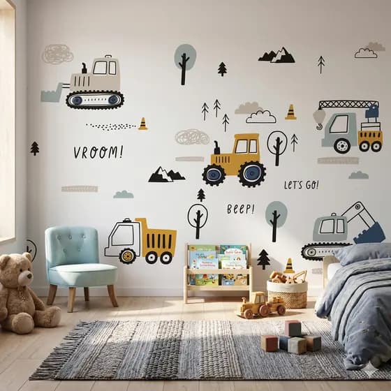 Adesivo de Parede Infantil Trator Caminhão Obras Papel de Parede Auto Colante Caminhões Carros