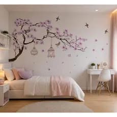 Adesivo de Parede Galho de Cerejeira Blossom e Gaiolas Lilás Papel de Parede Florais