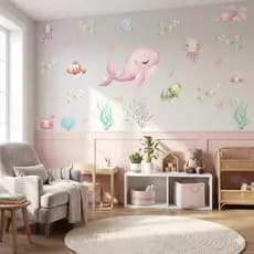 Adesivo Parede Baleia Rosa e Frutos do Mar Vida Marinha Papel de Parede Infantil Individual ou KIT